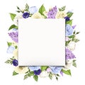 White greeting card with blue, purple and white flowers. Vector illustration.