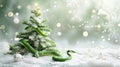 white greeting Happy New year card with Christmas tree and green snake