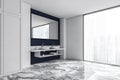 White grey bathroom interior with a marble floor, a double sink. City view from window Royalty Free Stock Photo