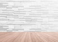 White grey brick tile textured wall with wood floor in light red brown background for interior decoration Royalty Free Stock Photo