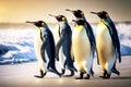 White grey emperor penguin walk in small group along icy shore