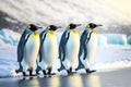 White grey emperor penguin walk in small group along icy shore