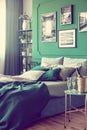 White, grey and green classy bedroom interior design Royalty Free Stock Photo