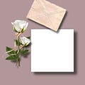 White on grey invitation mockup green leaf and roses envelope invitation greetings card mockup copy space
