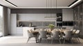 White and grey modern dining hall with kitchen Royalty Free Stock Photo