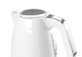 White and grey plastic electric kettle. Close up. Isolated on a white background