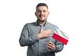 White guy holding a flag of Poland and holds his hand on his heart isolated on a white background With love to Poland Royalty Free Stock Photo