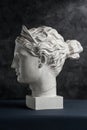 Gypsum copy of ancient statue Diana head on a dark textured background. Plaster sculpture woman face.