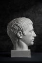 Gypsum copy of ancient statue Germanicus head on dark textured background. Plaster sculpture man face.