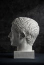 Gypsum copy of ancient statue Germanicus head on dark textured background. Plaster sculpture man face.