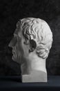 Gypsum copy of ancient statue Augustus head on dark textured background. Plaster sculpture man face. Royalty Free Stock Photo