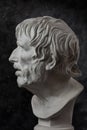 Gypsum copy of ancient statue Seneca head on dark textured background. Plaster sculpture man face. Royalty Free Stock Photo
