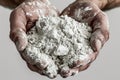 White Gypsum Powder in Hands, Clay or Diatomite , Hands Hold Powdered Chemicals, AI