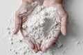 White Gypsum Powder in Hands, Clay or Diatomite , Hands Hold Powdered Chemicals, AI