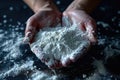 White Gypsum Powder in Hands, Clay or Diatomite , Hands Hold Powdered Chemicals, AI