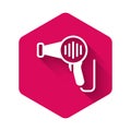 White Hair dryer icon isolated with long shadow background. Hairdryer sign. Hair drying symbol. Blowing hot air. Pink