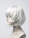 White hair wig on a woman mannequin on white background.