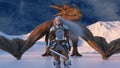 White haired female warrior knight stands with a drawn sword and a dragon behind against the backdrop of snow capped
