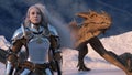 White haired female warrior knight stands with a drawn sword and a dragon behind against the backdrop of snow capped