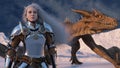 White haired female warrior knight stands with a drawn sword and a dragon behind against the backdrop of snow capped