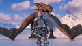 White haired female warrior knight stands with a drawn sword and a dragon behind against the backdrop of snow capped