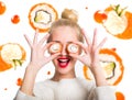 White-haired girl eating sushi