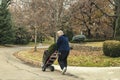 White haired man wheeling potted evergreen tree on two wheeled dolly down street of affluent neighborhood in winter - Please Drive