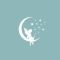 White half moon and stars and fairy. Magic, fantasy. Isolated on powder blue background