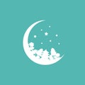 White half moon with stars and forest. Magic, fantasy, legends, nature.