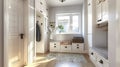 A White Hallway Storage Cabinet with Hangers, a Bench Equipped with Drawers, and Overhead Units, Leading to the Bathroom Royalty Free Stock Photo