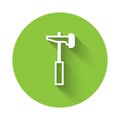 White Hammer icon isolated with long shadow background. Tool for repair. Green circle button. Vector