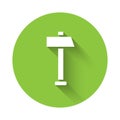 White Hammer icon isolated with long shadow. Tool for repair. Green circle button. Vector Illustration