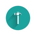 White Hammer icon isolated with long shadow. Tool for repair. Green circle button. Vector