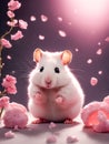 White hamster on a background of pink flowers, Royalty Free Stock Photo