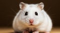 A white hamster is centered in the image, displaying a fluffy coat and small,