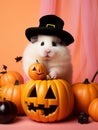 a white hamster in a magician\'s hat.