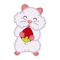 White hamster with strawberry cute cartoon doodle illustration.