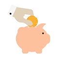 White hand dipping sparkling gold coin into pink piggy bank. Flat style vector illustration Royalty Free Stock Photo