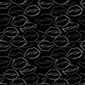 White hand draw lips seamless pattern in engraved shape. Retro mouth on a dark background.