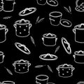 White hand drawing outline illustration of a group of saucepans with lids and Bay leaves for cooking isolated on a black