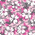 White Hand Drawn Flowers on Pink Camo Background Vector Seamless Pattern. Cute Camouflage. Royalty Free Stock Photo