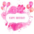 White hand drawn frame with colorful watercolor balloons. Pink paint splash background. Artistic design concept for birthday greet Royalty Free Stock Photo