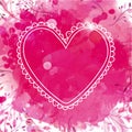 White hand drawn heart frame. Artistic pink watercolor splash background with leaves. Creative design concept for valentines day