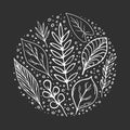 White hand-drawn leaves doodles set on chalk black board background