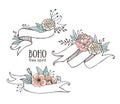 White hand drawn ribbons with peonys and roses. Royalty Free Stock Photo