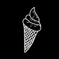 White hand-drawn vector illustration of One fresh cold ice cream in a waffle cone with caramel sprinkles isolated on a