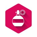 White Hand grenade icon isolated with long shadow background. Bomb explosion. Pink hexagon button. Vector