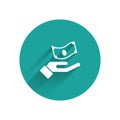 White Hand holding money icon isolated with long shadow. Dollar or USD symbol. Cash Banking currency sign. Green circle Royalty Free Stock Photo