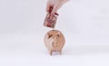 White Hand Putting Brazilian money in pig coin Royalty Free Stock Photo