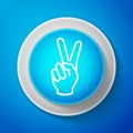 White Hand showing two finger icon isolated on blue background. Victory hand sign. Circle blue button with white line Royalty Free Stock Photo